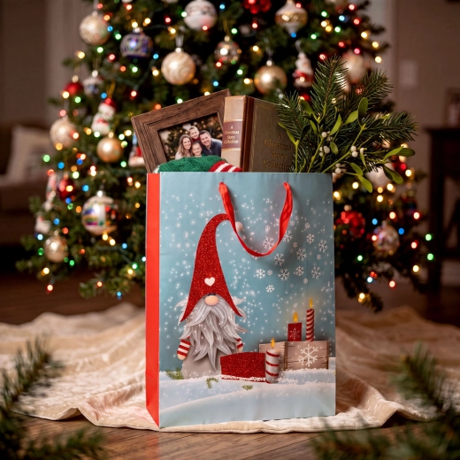 Sac cadeau de Noël avec lutin et paillettes 31 × 42 × 12 cm - 1 pièce
