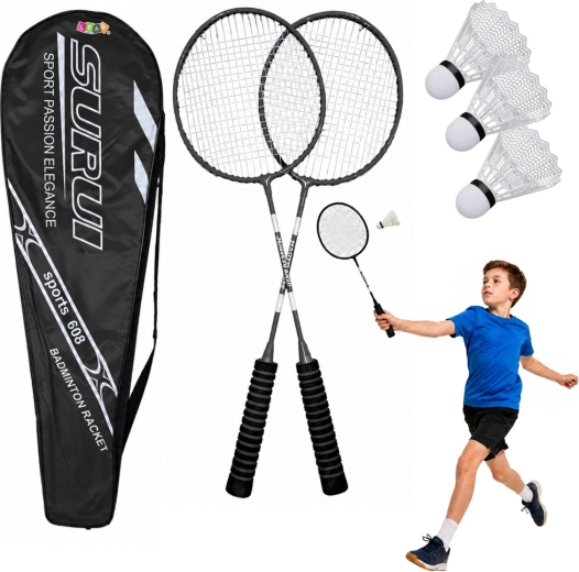 Set de badminton avec 2 raquettes, 3 volants en plastique et housse, noir