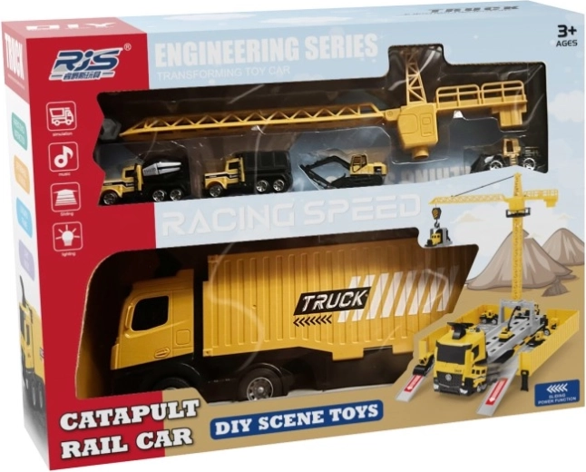 Camion transformable avec grue et véhicules de chantier