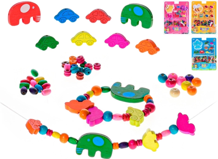 Perles en bois à enfiler pour enfants – jaune, rose et bleu