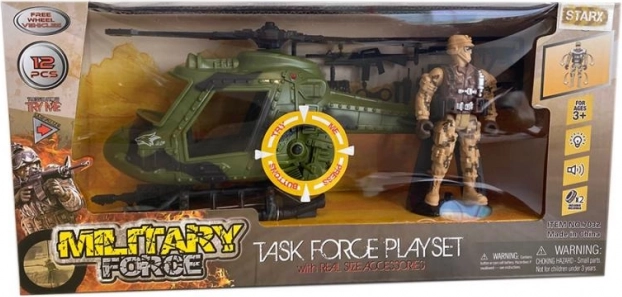 Ensemble hélicoptère militaire et figurine de soldat