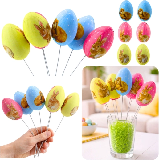 Œufs de Pâques sur tige métallique avec lapins - 6 pièces