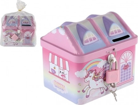 Tirelire maison Licorne en métal avec cadenas rose