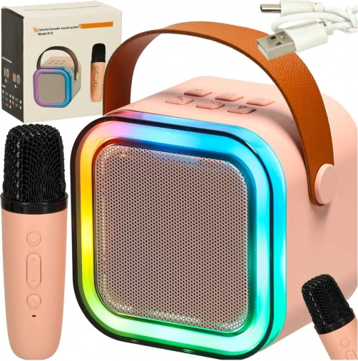 Set karaoké rose avec enceinte Bluetooth, microphone et LED