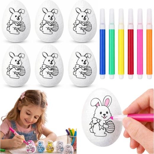 Œufs de Pâques en polystyrène à colorier avec un petit lapin - 6 pièces