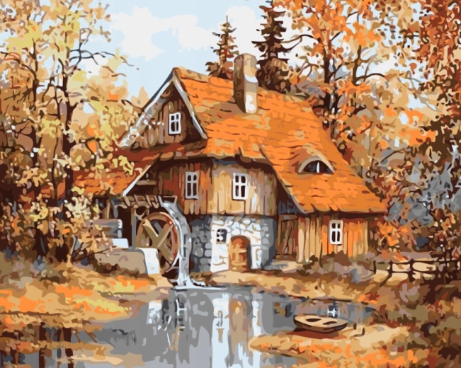 NORIMPEX Peinture par numéros Moulin dans la forêt près de l’étang 40 × 50 cm