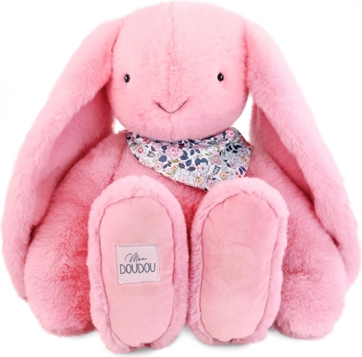 Doudou lapin en peluche avec foulard rose
