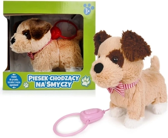 Peluche interactive représentant un petit chien qui marche avec laisse, marron avec écusson