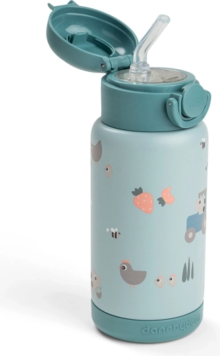Done by Deer bouteille isotherme avec paille Tiny farm bleue 340 ml