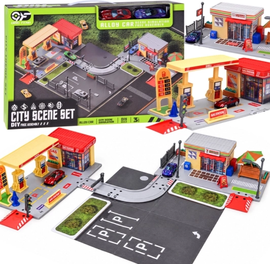 Station-service pour enfants avec magasin, route, parking et 2 petites voitures