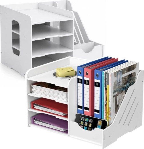 Organiseur de bureau en bois pour documents et classeurs, blanc