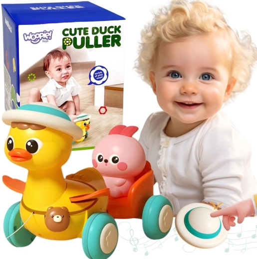 Woopie canard à tirer avec petit lapin rose dans la remorque – lumières et mélodies interactives