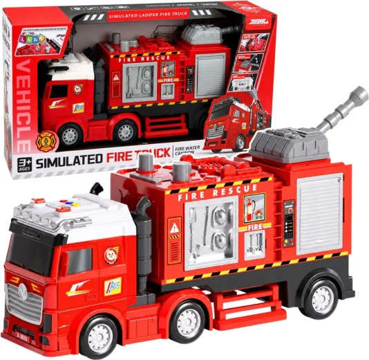 Camion de pompiers avec canon à eau, lumières, sons et propulsion à friction