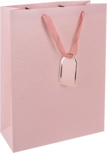 Sac cadeau en papier rose avec cœurs embossés 30,5 × 12 × 42 cm