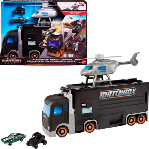 Poste de commandement mobile Matchbox – camion de transport transformable avec hélicoptère et 2 petites voitures