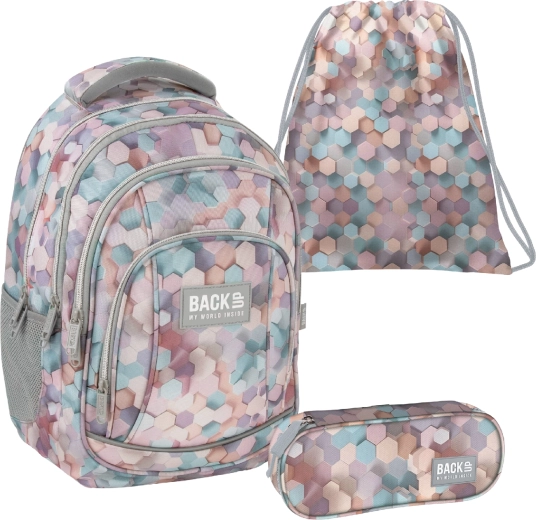 Set scolaire BackUP Geometric Beige 3v1 – sac à dos, trousse et sac