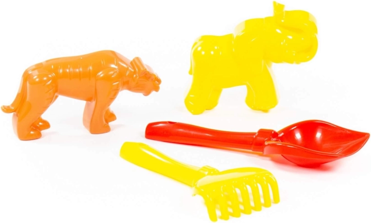 Set pour le sable avec pelle, râteau et moules tigre et mammouth