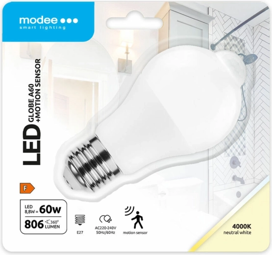Modee Lighting ampoule LED intelligente A60 8,8 W E27, blanc neutre avec capteur de mouvement PIR