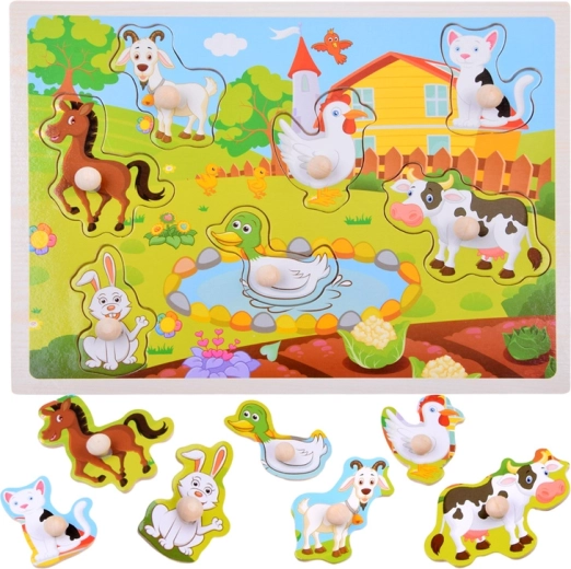 Puzzle en bois à encastrement avec animaux de la ferme – 7 pièces avec poignées