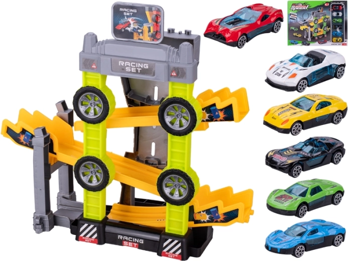 Circuit de course 4-en-1 avec petites voitures en métal