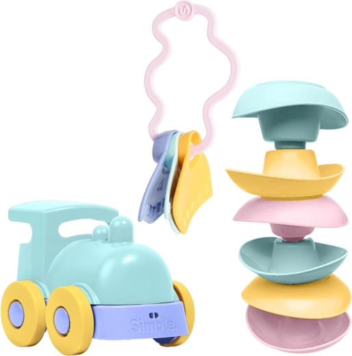 Simple. set de jouets pour bébés – locomotive menthe, bateaux empilables et hochet/anneau de dentition