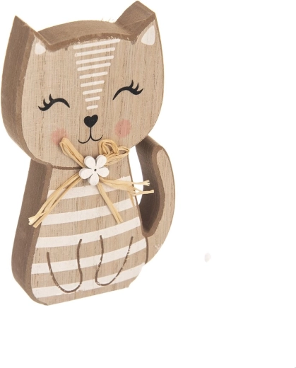 Décoration en bois chat rayé marron et blanc 15 cm