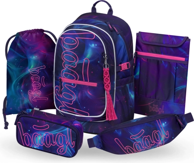 Ensemble Baagl 5 pièces Core Nova – sac à dos scolaire, trousse, sac de sport à cordon, banane et housse d’ordinateur GRS