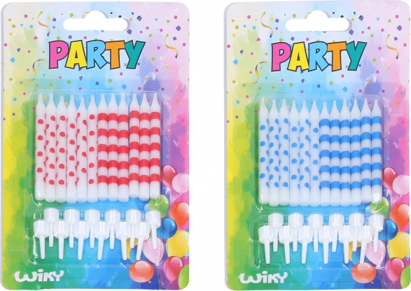 Bougies d’anniversaire à pois et rayures, 12 pcs + supports