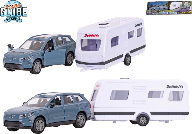 Kids Globe Traffic Volvo EX90 avec caravane Dethleffs – modèle en métal avec moteur à rétrofriction