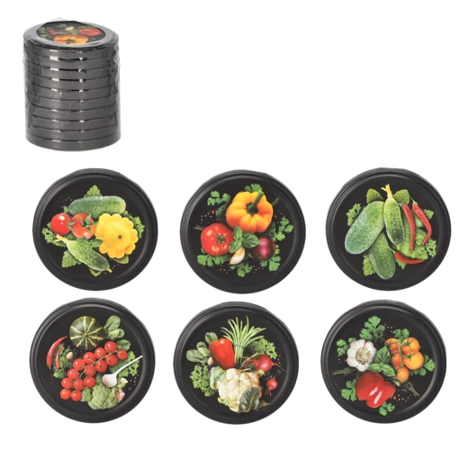Lot de couvercles noirs mats pour bocaux 82 mm avec motif de légumes, 10 pcs