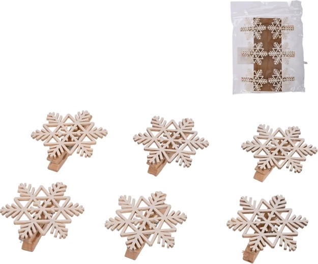 Pinces décoratives en bois avec flocon de neige blanc – 6 pcs