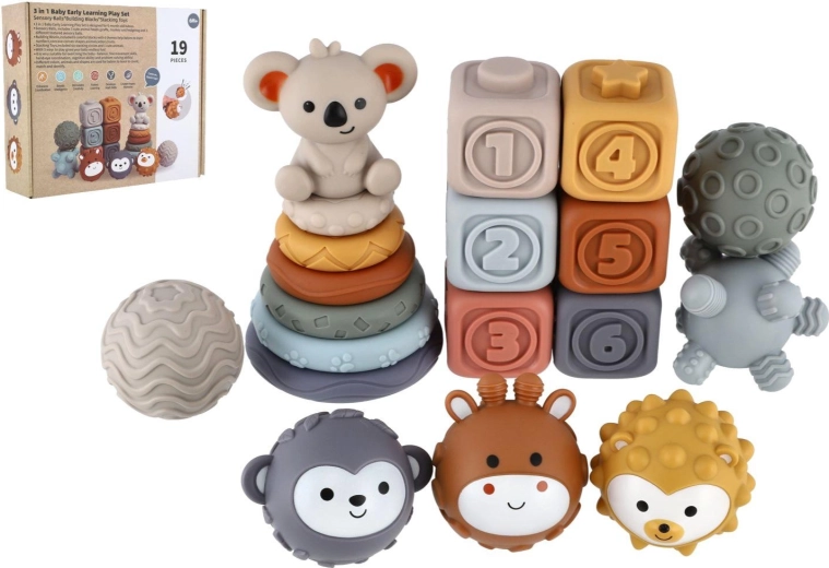 Set en silicone pour bébés : anneaux à empiler, cubes et balles sensorielles 19 pièces