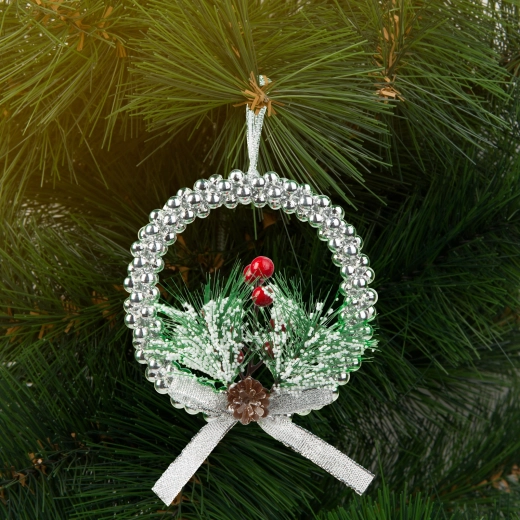 Couronne de Noël suspendue argentée 10 cm