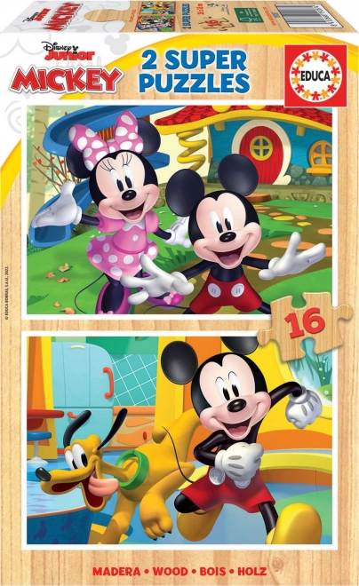 Puzzle en bois Mickey et Minnie 2×16 pièces