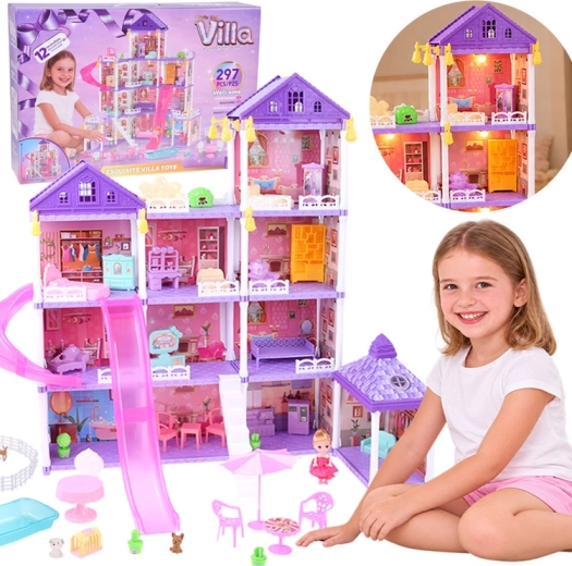 Maison de poupées Villa LED avec toboggan et 250 pièces