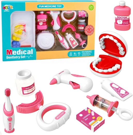 Kit dentaire pour enfants petit dentiste avec brosse vibrante rose – 15 pièces