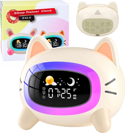 Réveil pour enfants avec veilleuse et entraîneur de sommeil en forme de chat