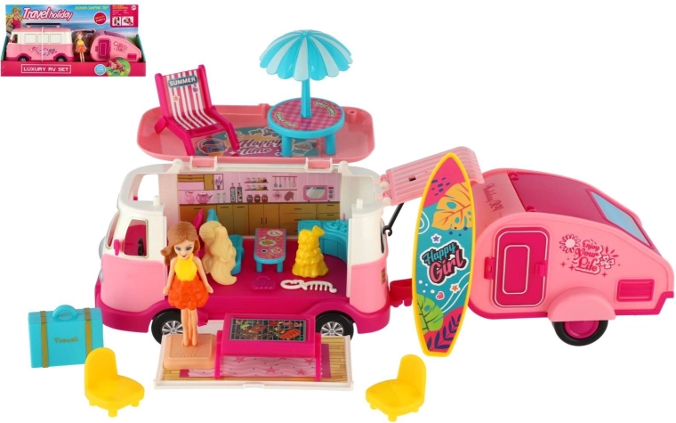 Camping-car rétro avec remorque, poupée et accessoires
