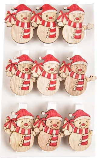 Pinces décoratives en bois avec bonhomme de neige (9 pcs)