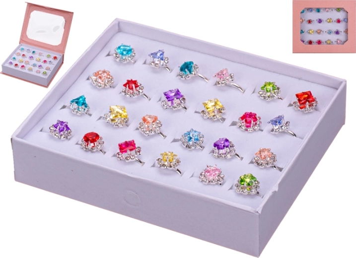 Set de bagues pour enfants en métal avec pierres colorées, 24 pcs