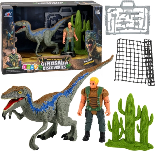 Ensemble figurines dinosaure et chasseur avec membres articulés, filet et accessoires - 1 pièce