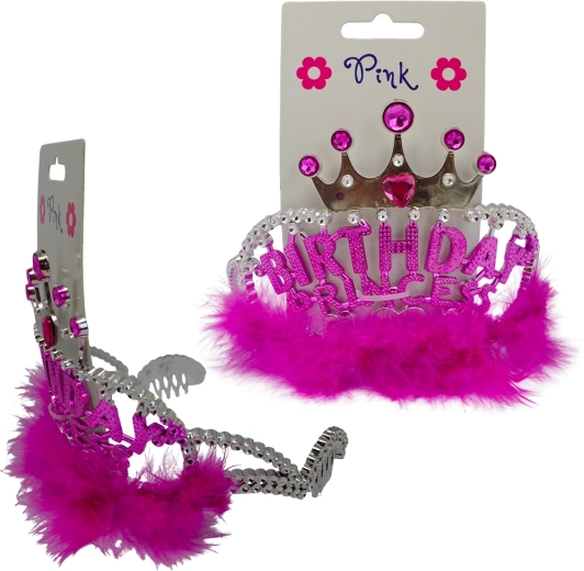Serre-tête Happy Birthday avec plumes fuchsia