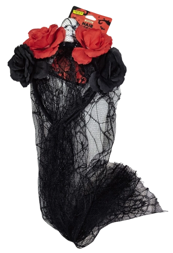 Serre-tête Halloween avec voile, roses et tête de mort - 1 pièce