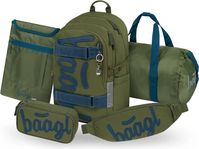BAAGL set 5 Skate Olive – sac à dos scolaire, trousse, sac de sport, banane et housse pour ordinateur portable avec certification GRS