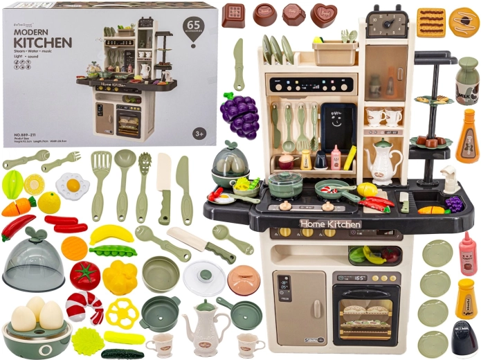 Cuisine pour enfants multifonction avec four, réfrigérateur et évier avec vapeur et son, beige-gris