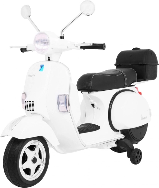 Scooter électrique pour enfants Vespa blanc avec roulettes auxiliaires, audio et similicuir