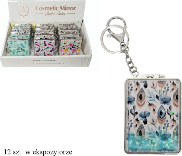 Petit miroir de poche rectangulaire avec porte-clés – motif plumes ou floral