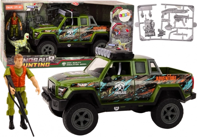Voiture tout-terrain verte avec figurines de dinosaures et effets sonores