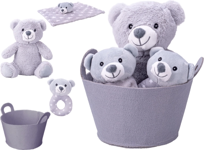 Coffret cadeau pour nouveau-né avec ours en peluche, hochet et doudou dans un panier