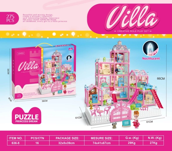 Villa rose pour poupées avec fonction lumineuse et accessoires, 275 pièces
